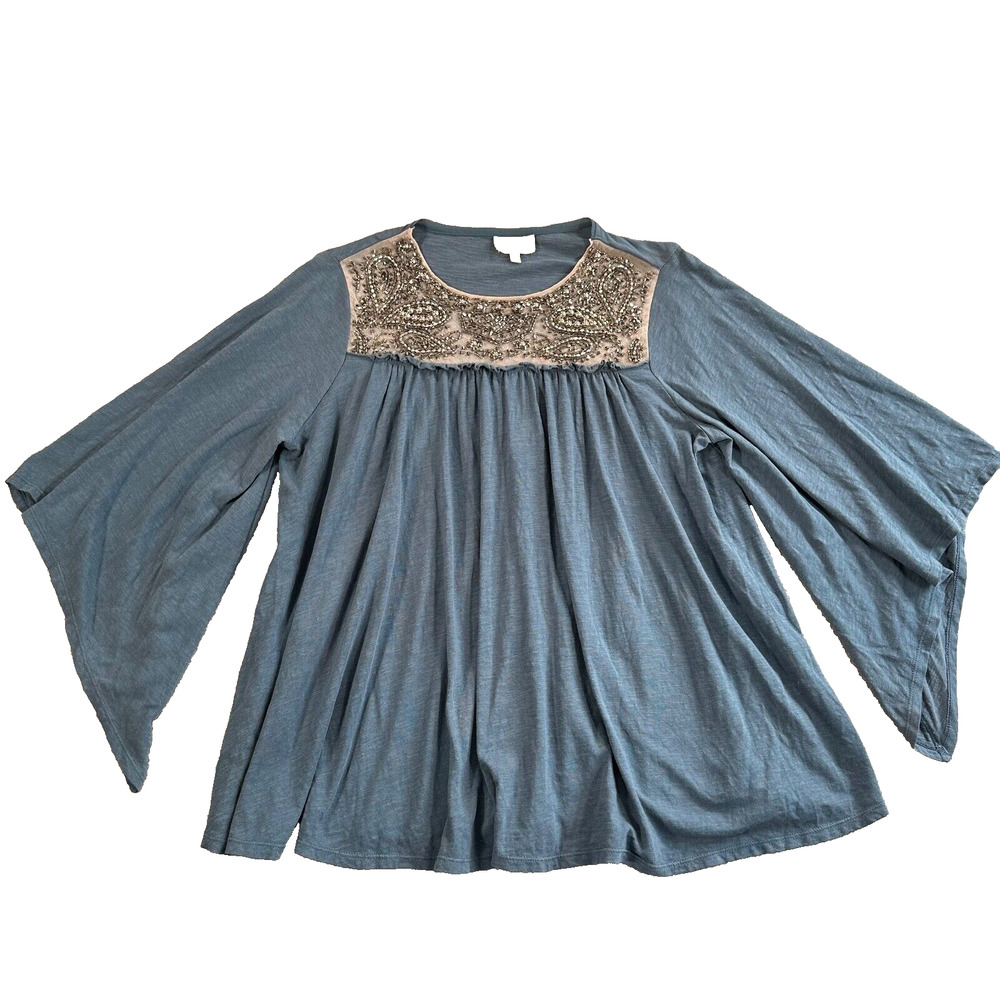Anthropologie Deletta Josephine Top Size XS Blue Embellished Beaded Wing Sleeve
